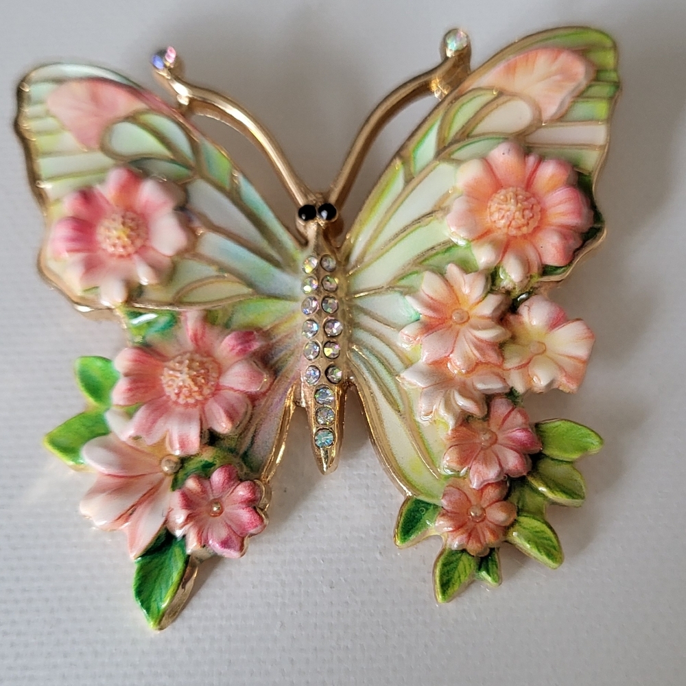 Floral Enamel Look Butterfly Brooch with AB Rhinestones